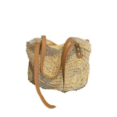 Imagem de Bolsa de palha feminina de praia saco grande De Verão com alça de ombro(Bege)