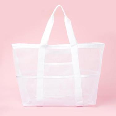 Imagem de Bolsa de praia grande de malha, bolsa de praia com bolsos com zíper - Piscina familiar, brinquedos e itens essenciais para férias, Branco, Large