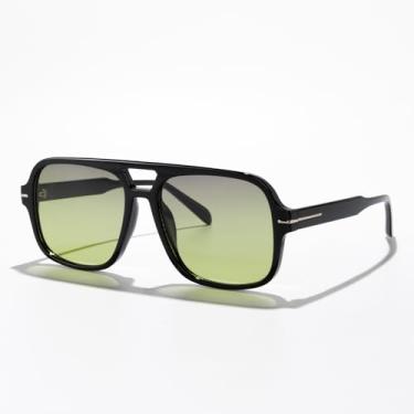Imagem de Óculos de sol quadrados aviador de ponte dupla fashion para homens e mulheres óculos de sol retrô piloto para dirigir, viajar ao ar livre, estilo UV400, Armação preta/lente verde, Lens Width: 58