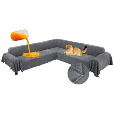 Imagem de ROFASVCO 1OO% capas de sofá seccionais de canto à prova d'água, em formato de L, com borla, macia, grossa, lavável, protetor de móveis para cães e animais de estimação (231 x 701 cm, cinza claro)