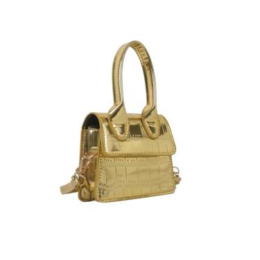 Imagem de GORGLITTER Bolsa feminina de crocodilo em relevo, mini bolsa quadrada com alça superior, alça transversal, bolsa clutch com aba, Dourado, One Size