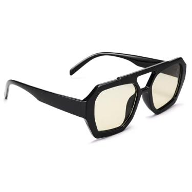 Imagem de Óculos de sol aviador quadrados para mulheres, armação grossa hexagonal com ponte dupla, óculos de sol inspirados em designer, Preto/amarelo claro, Medium