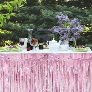 Imagem de 1 pacote com saias de mesa com franjas metálicas de tinsel cortinas de fundo para mesas retangulares desfile boias festa carnaval (rosa)