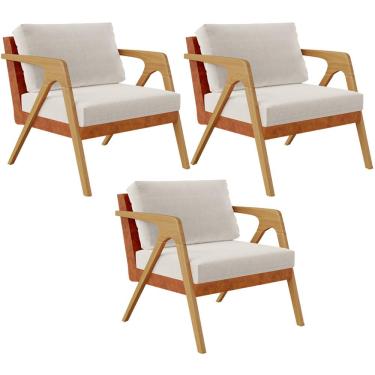 Imagem de Kit 03 Poltronas Decorativas Sala Estar Pietra L02 Couríssimo Camel Linho Cru - Lyam Decor