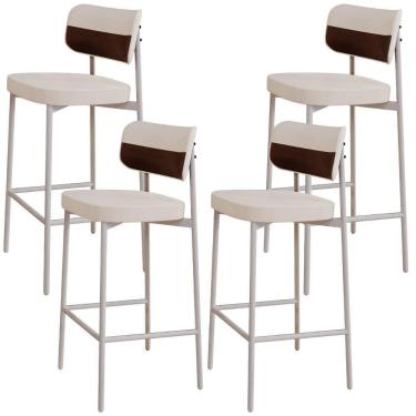 Imagem de Kit 04 Banquetas Alta Bar Cozinha Sala De Jantar Aço Branco Kaira C01 Linho Palha Courino Whisky - Lyam Decor