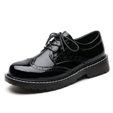 Imagem de XMM Sapato Oxford feminino Oxford com cadarço bico redondo de couro liso clássico antiderrapante para trabalho e negócios, 261 preto, 35
