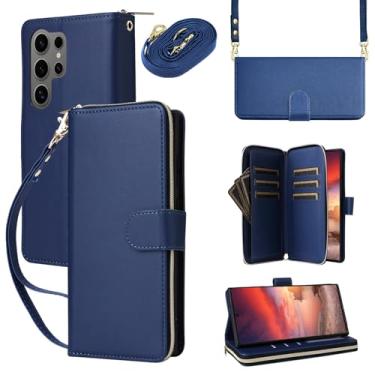 Imagem de Capa carteira para Samsung Galaxy S23 Ultra com cordão ajustável e alça de pulso - Couro sintético durável e TPU, 9 compartimentos para cartão, fecho magnético, suporte, capa de proteção total à prova