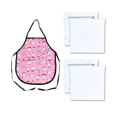 Imagem de 2 Telas Para Pintura 20x20cm e Avental Infantil Estampado Rosa Kit - S