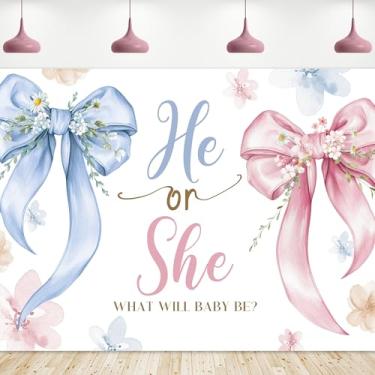 Imagem de Riyidecor Pano de fundo revelador de gênero laço de tecido de poliéster aquarela floral What Will Baby Be 20 x 18 cm rosa azul ele ou ela chá de bebê folhas florais fotografia fundo recém-nascido foto