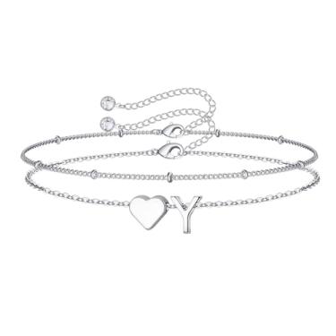Imagem de M MOOHAM Pulseiras de coração com inicial para mulheres - Pulseiras femininas com pingente de coração banhado a ouro 14K em camadas delicadas com letras A-Z para mulheres, pulseiras com contas e