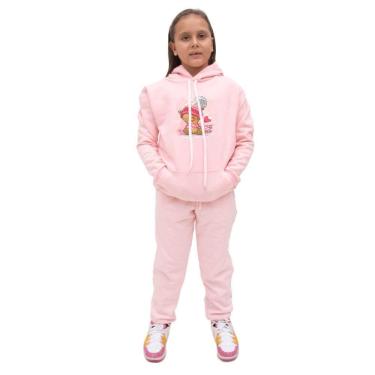 Imagem de Kit Conjunto Infantil Blusa Moletom Canguru Menina Estampa Ursinho e Calça Com Bolso