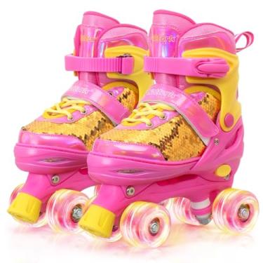 Imagem de Nattork Patins infantis para meninos e meninas, 4 tamanhos, ajustáveis, lantejoulas, quadriciclos com todas as rodas iluminadas para crianças iniciantes, presente de aniversário para esportes internos