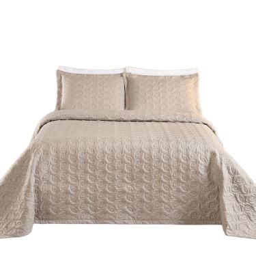 Imagem de Kit Cobre Leito Colcha Tendência King 3 Peças Micropercal 200 Fios Bordado Premium - Cáqui