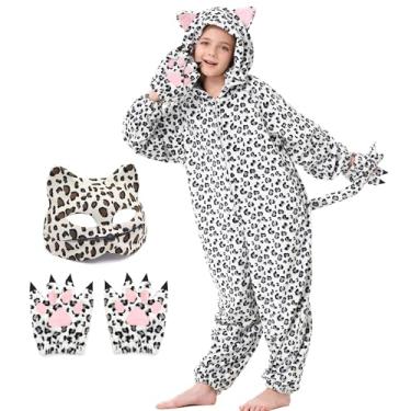 Imagem de Ezuwail Snow Leopard Costume Kids Halloween Cheetah Onesie with Gloves Mask Leopard Jumpsuit Cosplay Dress up for Girls Boys (White, 140)