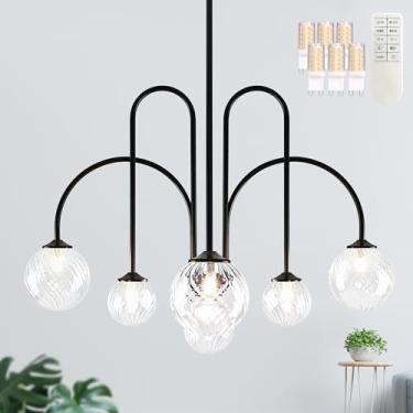 Imagem de Bagood Globo de 6 luzes pretas pendentes lustre moderno de meados do século lustre Sputnik de 75 cm com sombra de globo de vidro transparente luminária moderna de meados do século para quarto (lâmpada