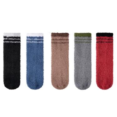 Imagem de COOVAN Meias masculinas felpudas com aderência, aconchegante, fofa, antiderrapante, hospital, casa, 5 pares, Multicor, Medium
