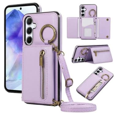 Imagem de Capa tipo carteira com porta-cartões transversal para Samsung Galaxy S24 S25 Ultra S23 FE S22 S21 Plus A56 A36 A26 A16 A55 A25 A35, capa de couro roxa para Galaxy S22 Plus