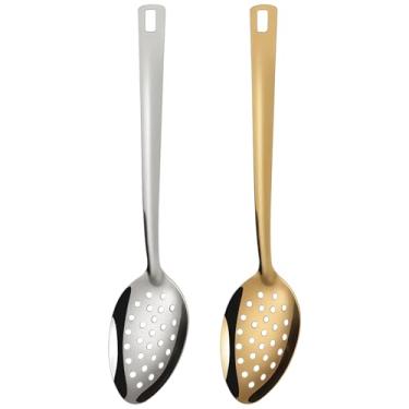 Imagem de Conjunto de 2 colheres com fenda de aço inoxidável, colheres de servir, cabo longo perfurado dourado, prata, utensílios de cozinha polidos com espelho leve