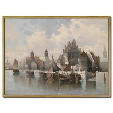 Imagem de Amaloclove Arte de parede em tela de paisagem emoldurada, impressão clássica de pintura a óleo em tela vintage de Veneza, decoração de parede de cidade próspera para sala de estar, casa de fazenda