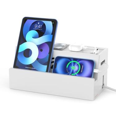 Imagem de BambuMate Caixa de gerenciamento de cabos de bambu, branca, 31 x 14 x 15,5 cm, caixa organizadora de cabos para mesa com cabos de alimentação ocultos e réguas, adequada para salas de estar, quartos