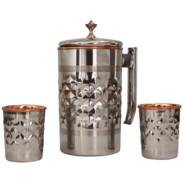 Imagem de Jarra de água de aço inoxidável e cobre puro com 2 copos (1,7 l/1,699 ml) | Padrão de diamante | Benefícios para a saúde ayurvédica, conjunto de jarro de aço cobre feito à mão para casa e presente