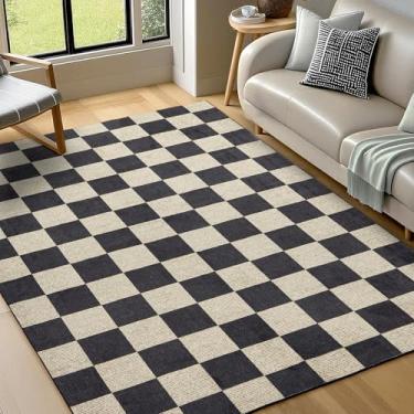 Imagem de Tapete lavável 12 x 18 cm, tapete preto e branco, tapetes grandes boho para sala de estar, tapete interno leve de pilha baixa com suporte antiderrapante para quarto, sala de aula, sala de jogos