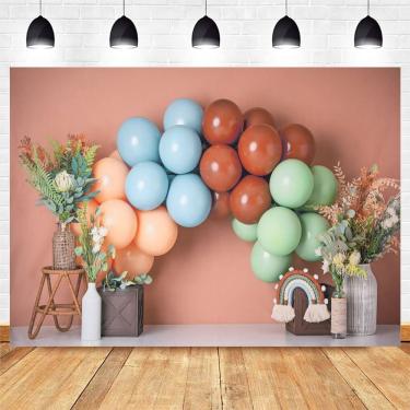 Imagem de Pano de fundo fotográfico: balão colorido, arco e floral
