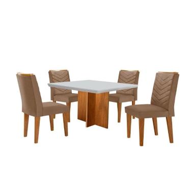Imagem de Conjunto Mesa Olímpia 90cm Tampo Mdf 4 Cadeiras Liz Moderna Veludo Capuccino Off White Imbuia