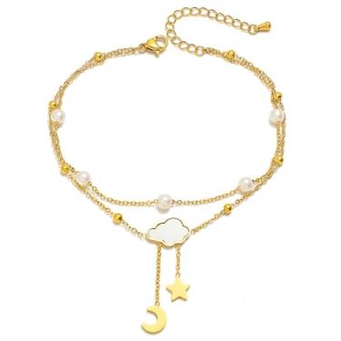 Imagem de Tornozeleira delicada nuvem lua estrela crescente pingente corrente pérola dupla camada tornozelo para mulheres delicada corrente de pé joia, Adjustable, Aço inoxidável, Sem Pedra Preciosa