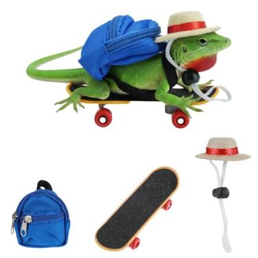 Imagem de Grevosea Conjunto de 3 peças de acessórios de dragão barbudo, roupas de fantasia de dragão barbudo, brinquedo de lagarto, ajustável, mini mochila e skate para lagarto, hamster, papagaio, tartaruga