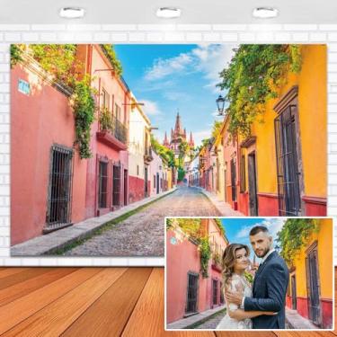 Imagem de Leowefowa 3 x 2,4 m Vinil Cidade do México Cenário Fotográfico Casas Coloridas Céu Azul Nuvem México Fundo Mexicano Festa Carnaval Decorações Banner Retrato Foto Studio Adereços