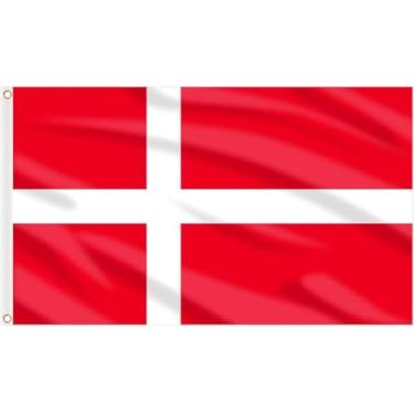 Imagem de Bandeiras da Dinamarca 1,5 x 3 m, bandeira nacional dinamarquesa dinamarquesa, cor vívida e à prova de desbotamento, costura dupla com 2 ilhós de latão, para quarto adolescente, tapeçaria legal para