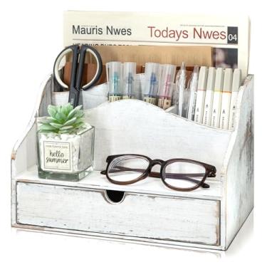 Imagem de Organizador de correio de madeira de pinho para mesa - Suporte de correio retrô de fazenda com gaveta e divisórias - Suporte de carta com 4 compartimentos para arquivos e acessórios de escritório