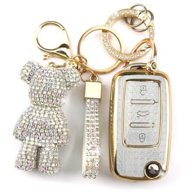 Imagem de Rayslesan Linda capa de chaveiro com pingente de urso de strass, capa inteligente de TPU para mulheres, compatível com VW Tiguan Passat Polo MK5 Touran Jetta Beetle Golf Santana Scirocco Eos (3 botões