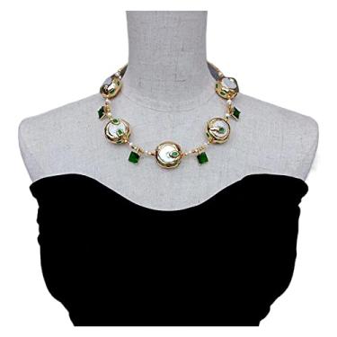 Imagem de URMIBDAI Colares femininos 25 mm Cultivado Branco Keshi Moeda Pérola Verde Pingente Quadrado Colar Coller Moda Colar
