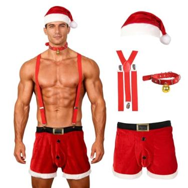 Imagem de lckellong 4 peças de lingerie masculina sexy de Natal conjunto de cuecas boxer exóticas Papai Noel fantasia de Papai Noel roupa íntima chapéu, Vermelho-m, M