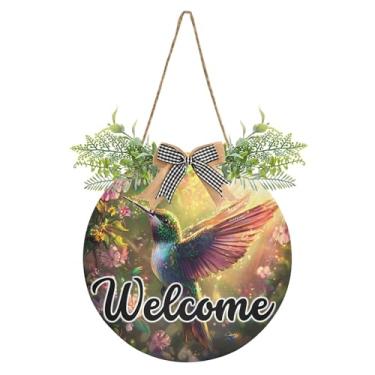 Imagem de SEHANY Placa de boas-vindas colorida, beija-flor, decoração de porta da frente, guirlanda de boas-vindas redonda para decoração de casa de fazenda, varanda, pátio, 30 x 30 cm