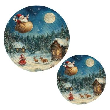 Imagem de Blueangle 2 peças de suporte de panela de trivet de Papai Noel voador - conjunto de pegadores de panela de tecido redondo - almofadas quentes trançadas de algodão - porta-copos - tapetes de mesa para