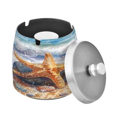 Imagem de Blueangle Cinzeiro de conchas de praia com tampa para cigarros, à prova de vento/chuva, aço inoxidável, sem fumaça, inodoro, cinzeiro para uso interno ou externo (447)