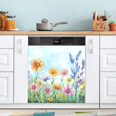Imagem de ATTX Capa de ímã de lava-louças colorido flores silvestres prado, 58 cm C x 66 cm A decoração da capa da máquina de lavar louça, decalques de armário doméstico adesivos de eletrodomésticos #91