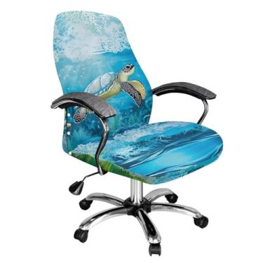 Imagem de Talayituse Capa de cadeira de escritório com estampa coral de tartaruga, peça única, resistente à água, tecido jacquard elástico, parte inferior elástica para cadeiras de apoio de braço, grande
