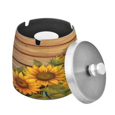 Imagem de Blueangle Girassóis em tábua de madeira cinzeiro com tampa para cigarros, à prova de vento/à prova de chuva, aço inoxidável, sem fumaça, inodoro, cinzeiro para uso interno ou externo (419)