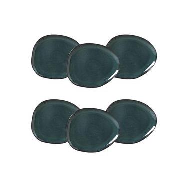 Imagem de Conjunto de Pratos Rasos Ovais Porto Brasil Orgânico Oceano Azul 31cm - 6 Peças