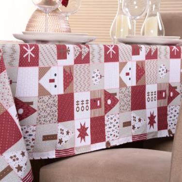 Imagem de Toalha de Mesa Natalina com Estampa de Patchwork, Vermelho e Branco, 100% Poliéster, Tecido Oxford, 1,45m x 1,40m, 4 Lugares, Tema Natal