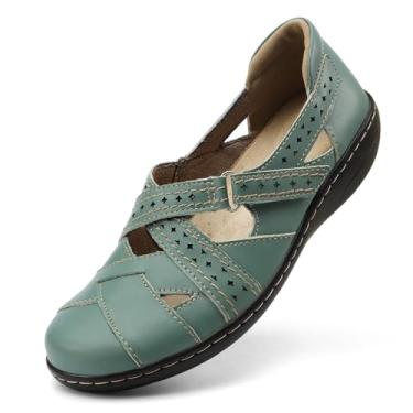Imagem de Irrefour Mocassim feminino clássico de couro genuíno casual fofo sem cadarço moderno bico fechado sandália rasteira confortável para trabalho diário, Verde, 40
