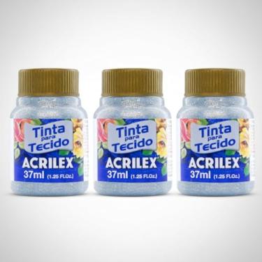 Imagem de Kit 3 Tintas para Tecido Glitter Acrilex Prata 202 37ml | Brilho Intenso, Alta Fixação, Secagem Rápida e Resistência Superior às Lavagens