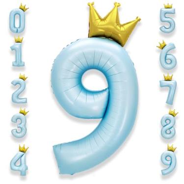 Imagem de AULE Número de 9 balões azuis claros grandes de 101 cm com coroa grande número de hélio balões com número de hélio 0-9 jumbo gigante feliz 9º aniversário decorações de festa enorme Mylar artigos de