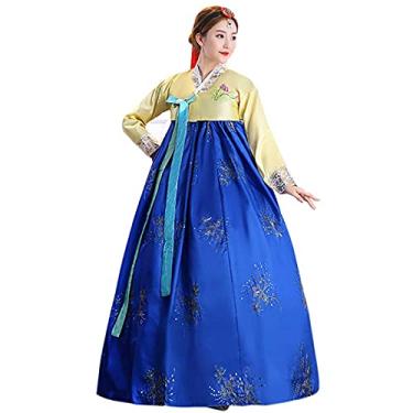 Imagem de QYUU Vestido feminino bordado Hanbok fantasia tradicional coreana jaqueta curta saia completa cosplay roupa de desempenho (68# amarelo + azul royal, M)