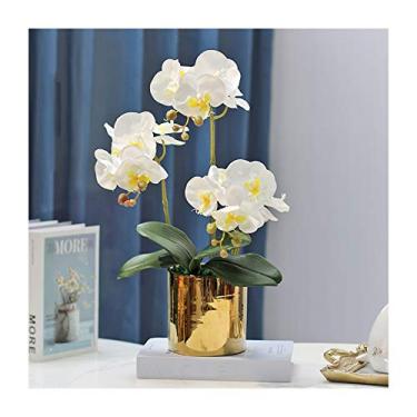 Imagem de LMJYU Presentes de flores artificiais Phalaenopsis - arranjo realista de flores Phalaenopsis com 3 cabeças de floração, orquídeas falsas em vaso Pla