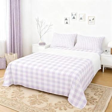 Imagem de Castle Fairy Jogo de lençol boêmio, tamanho king, geométrico, guingão, decoração de quarto, xadrez, moderno, para crianças, adolescentes, roxo claro, 4 peças (elástico + lençol + 2 fronhas)